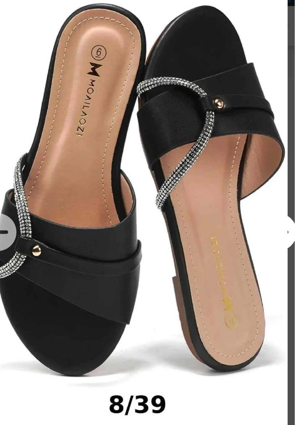 MOAILAOZI Black Slides with Rhinestone detail. Size 8