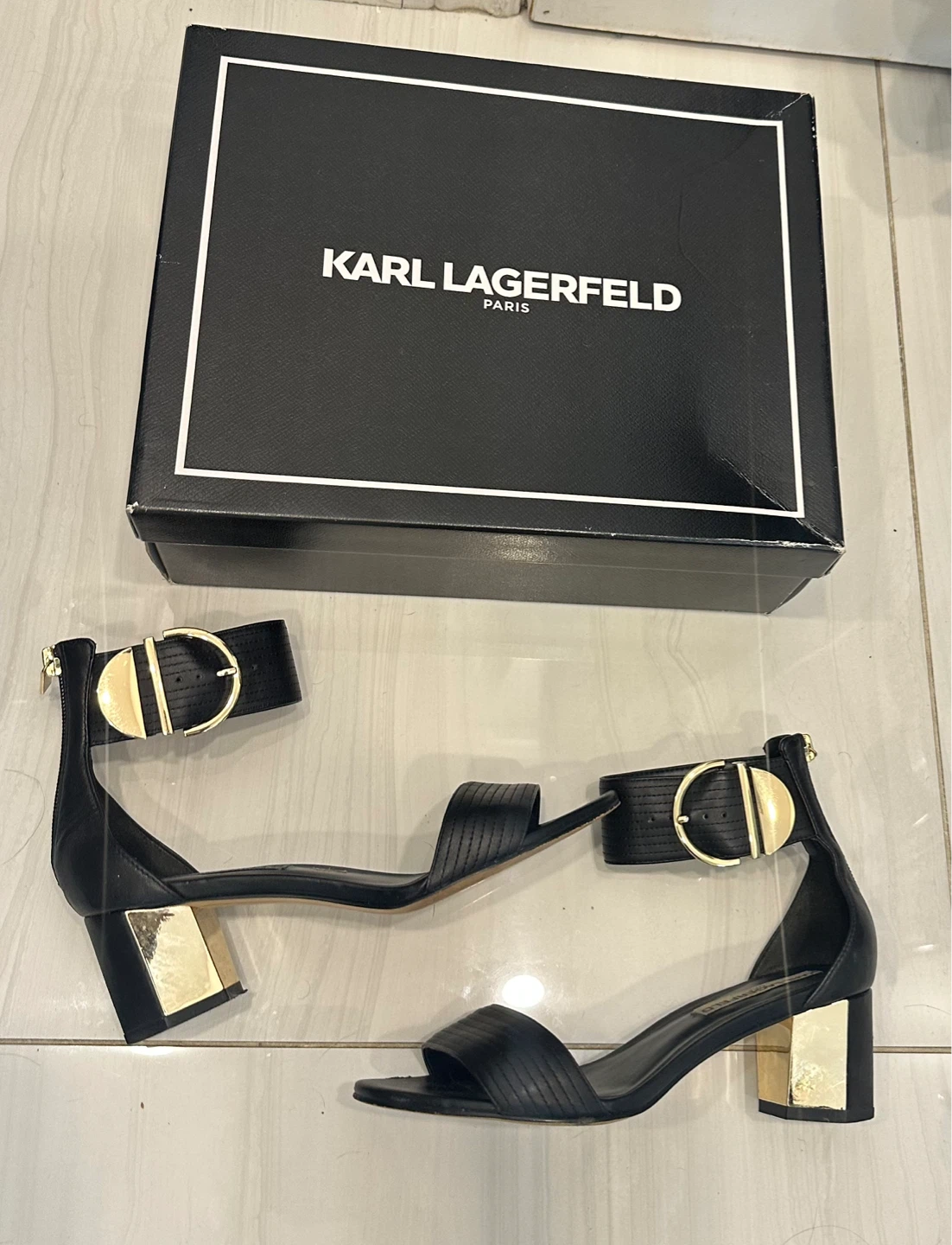 Karl Lagerfeld Paris Halla Black Leather Heels - Size 6