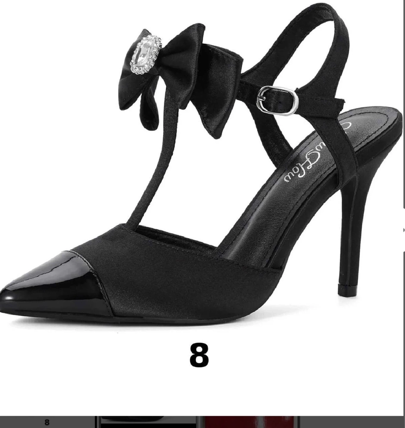 Black T-Strap Heels with Bow and Rhinestone Accent - Size 8