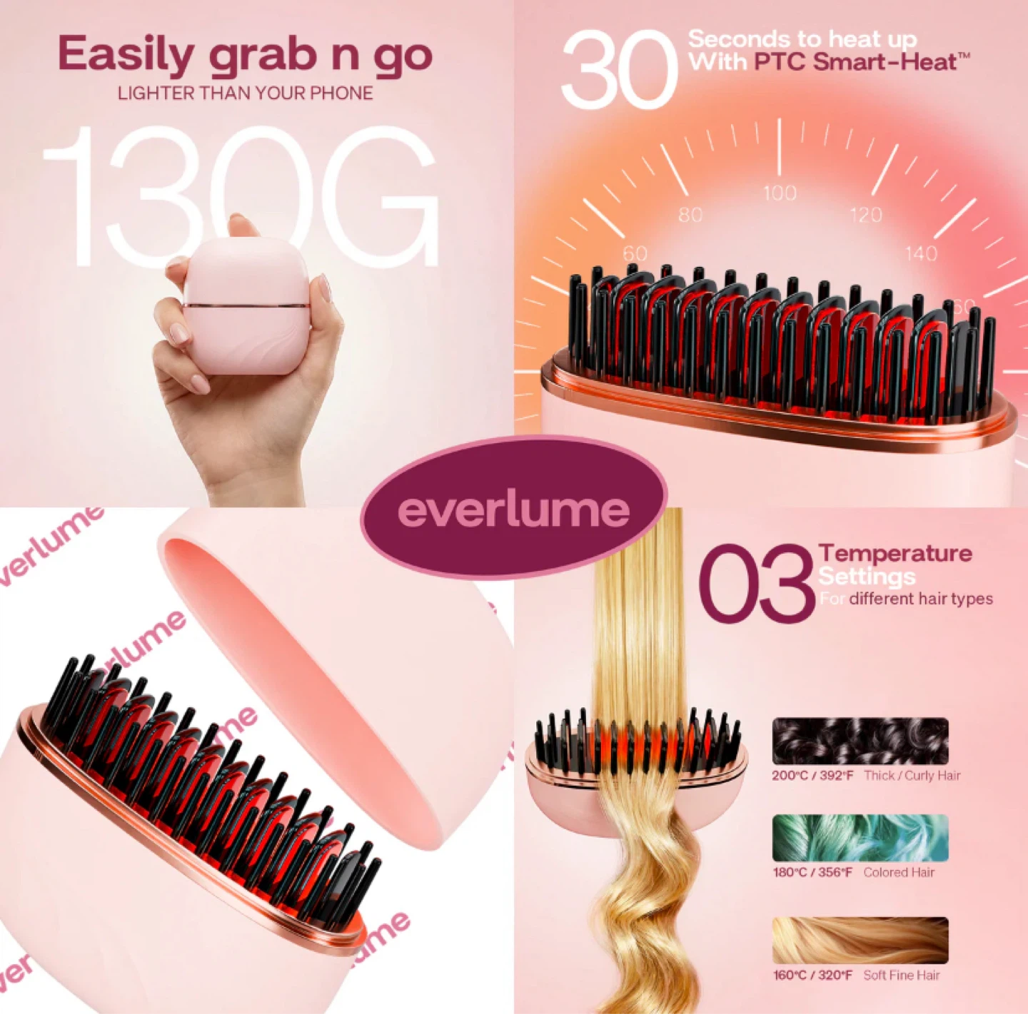 Everlume Portable Hair Straightener Brush - Pink - photo 2
