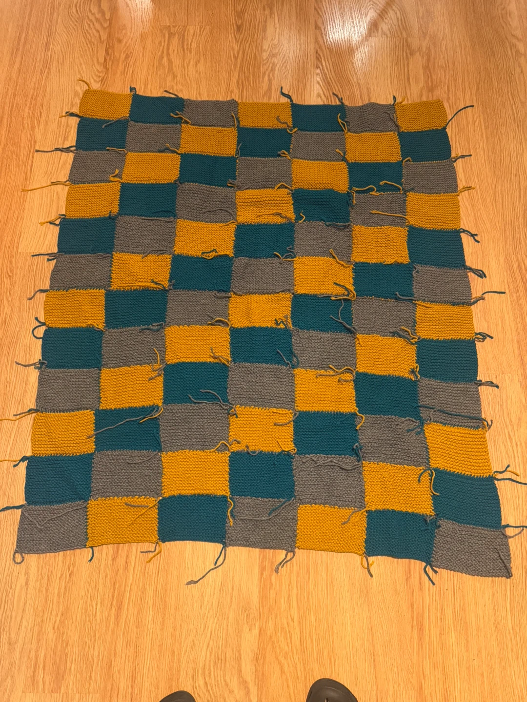Almost Finished Hand-Knit Checkerboard Blanket