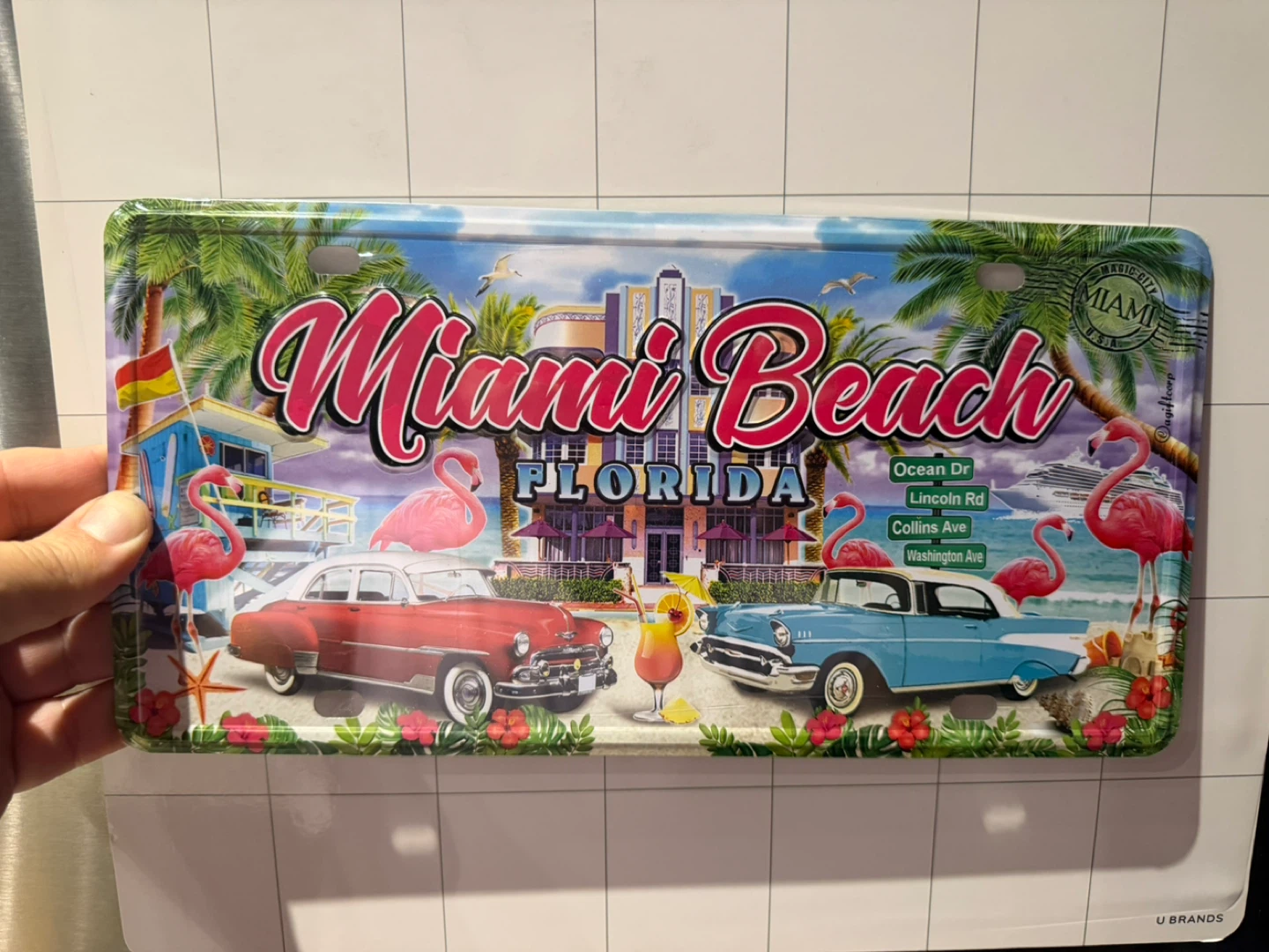 Miami Beach Florida Souvenir License Plate Retro Cars Flamingos
