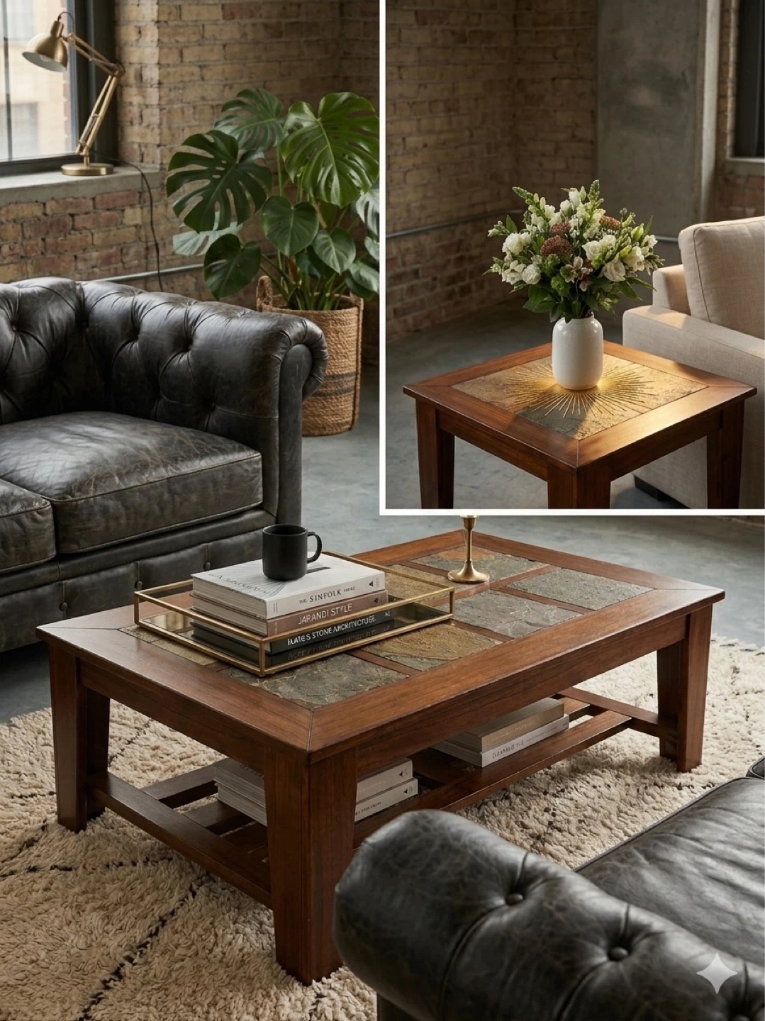 Real Slate & Oak Coffee Table Set - 2 Pieces - Heavy Duty / Rust
