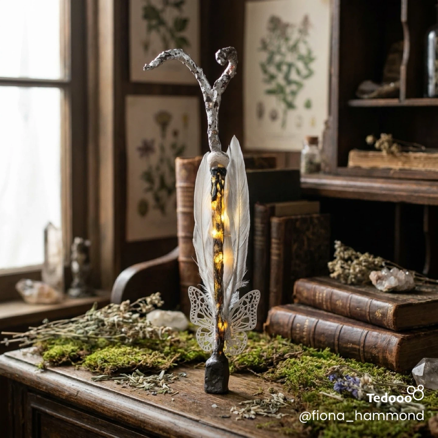 Handmade Feather and Twig Wand with Lights