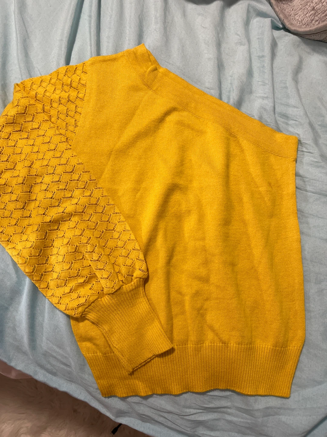 Yellow Knit Sweater with Textured Sleeves