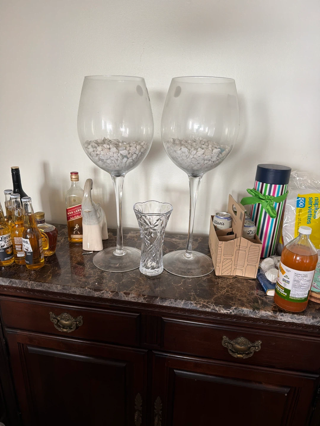 Giant wine glasses with decorative stones