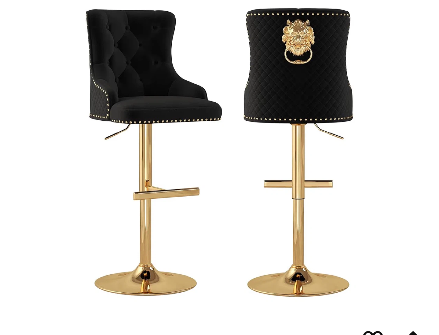 Black Velvet Bar Stool with Gold Lion Ring Accent