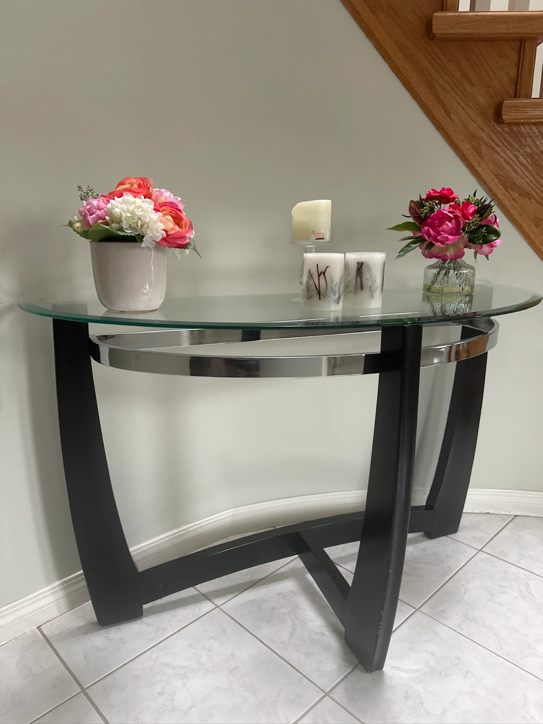 Glass Console Table with Black Wood Base