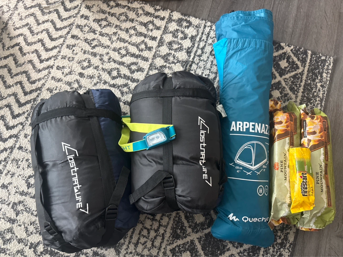 Full Camping Bundle: Tent, Sleeping Bags, Headlamp & Firelogs