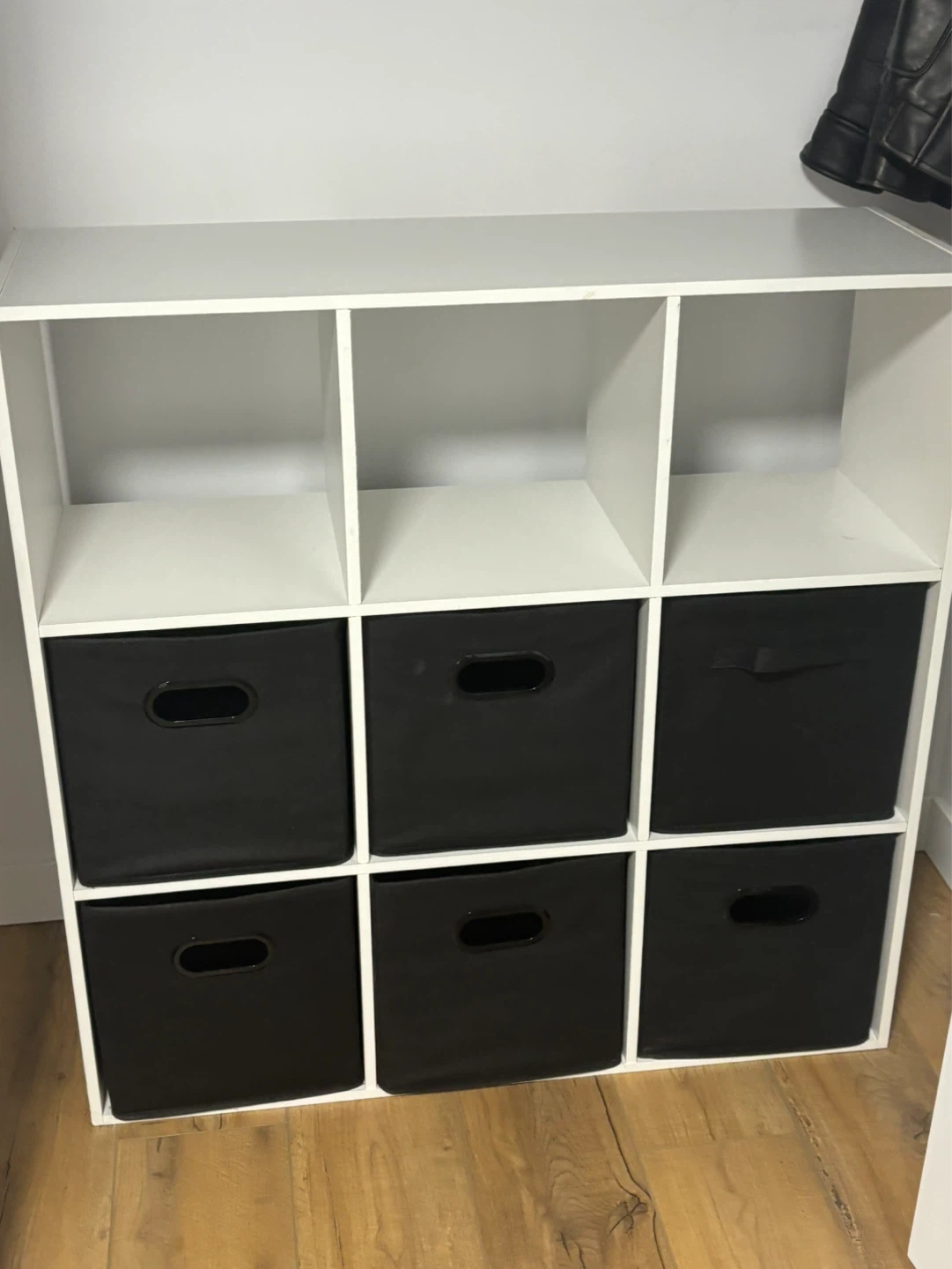 White 9-Cube Storage Unit with 6 Black Bins