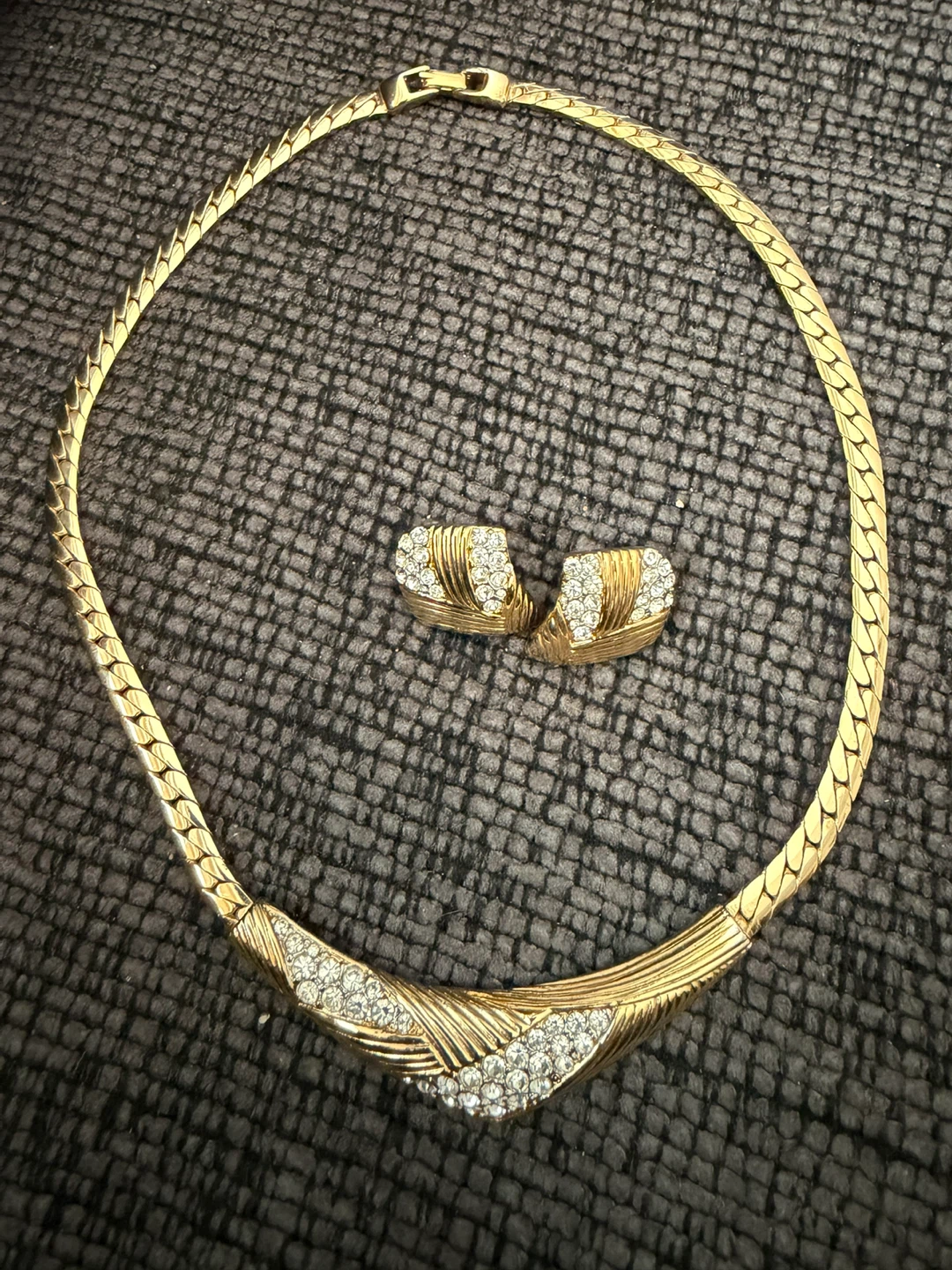 Gold Tone Rhinestone Choker Necklace and Earring Set