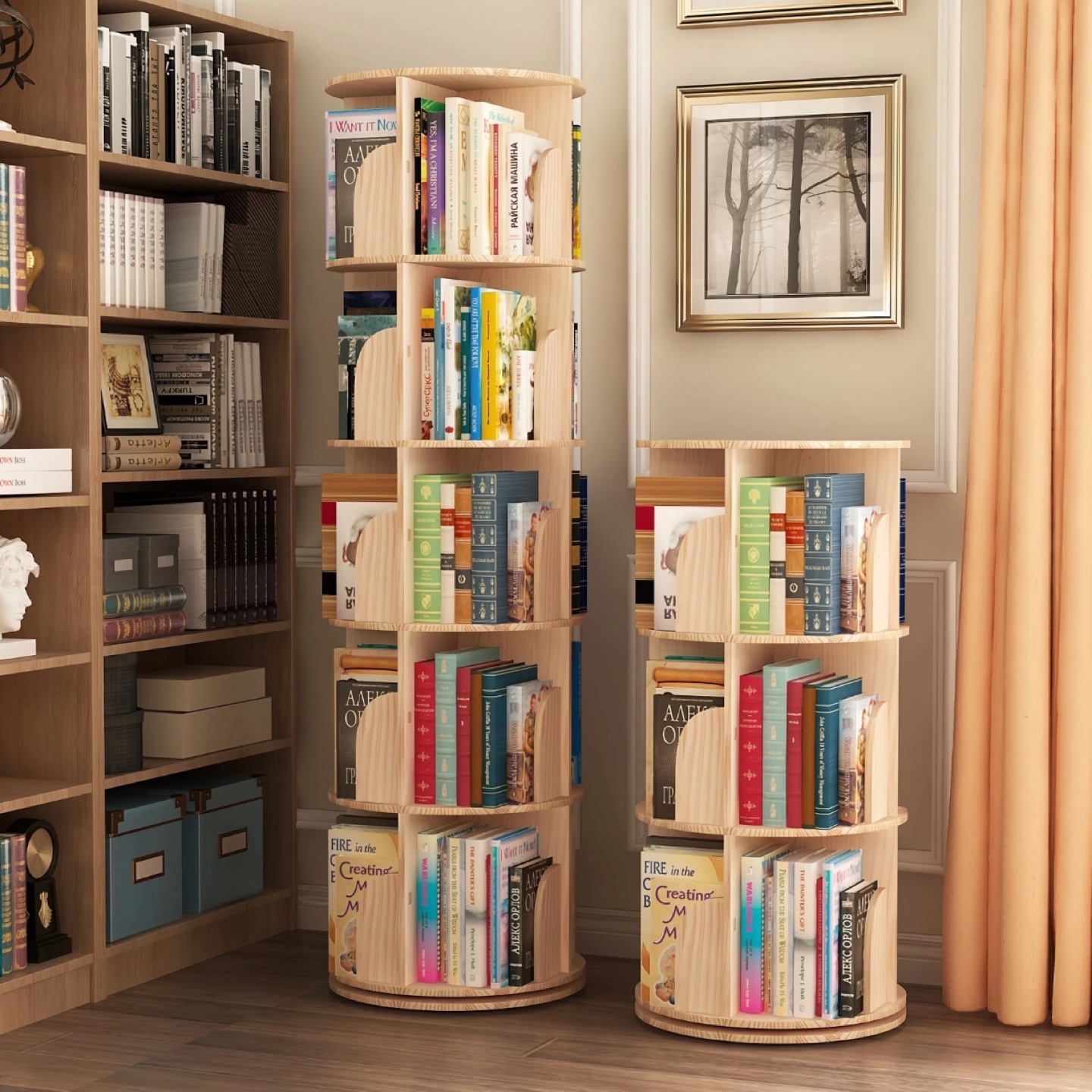 Rotating Wooden Bookshelf 360 Degree Spinning Bookcase