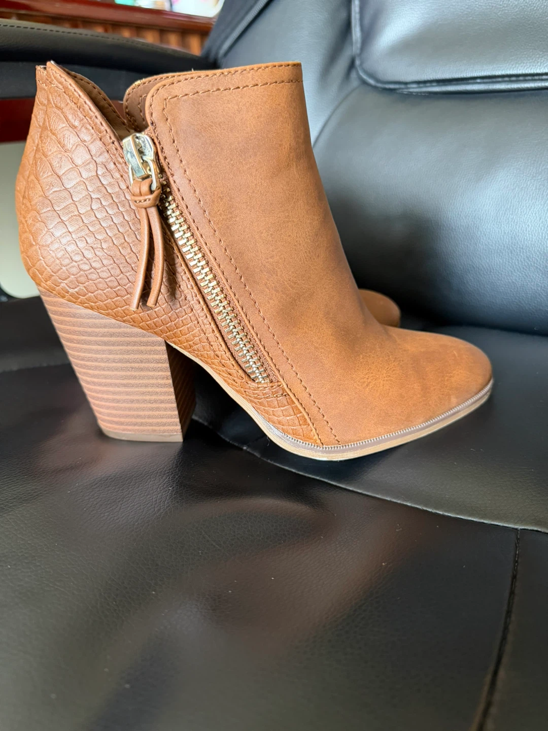 Brown Faux Leather Ankle Boots with Side Zippers
