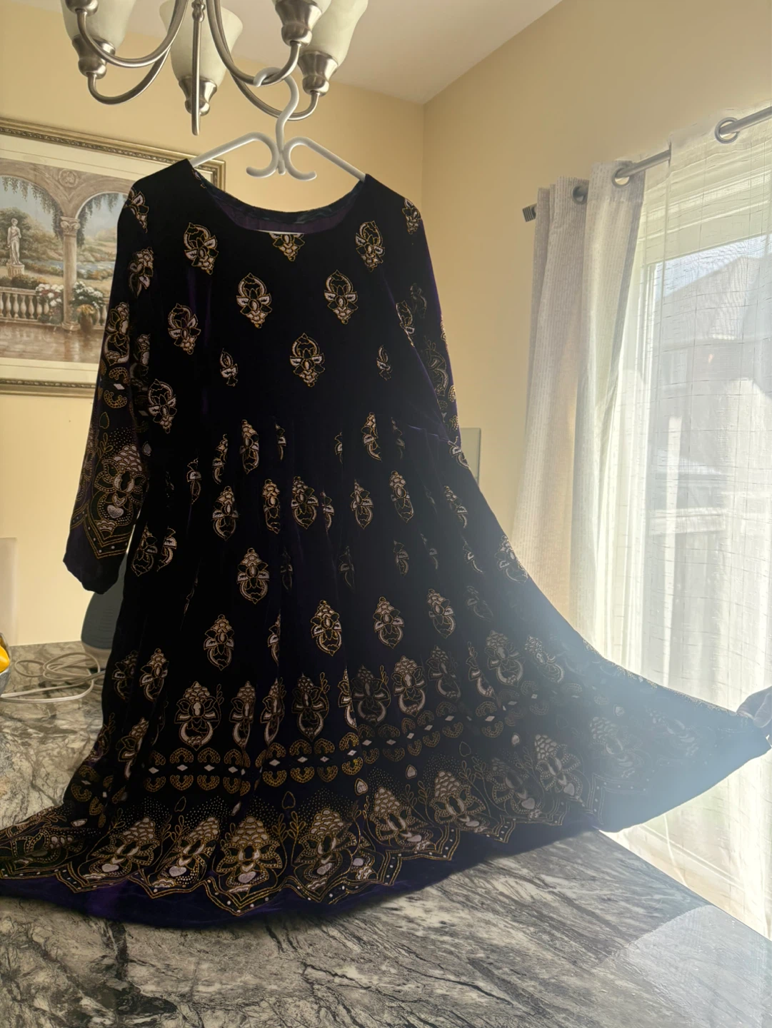 Purple Velvet Dress with Gold Embroidery