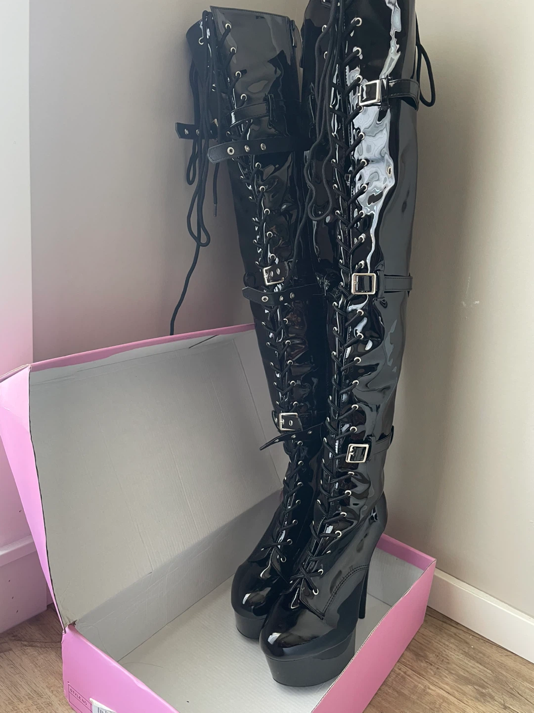 Black Patent Lace-Up Platform Thigh-High Boots - photo 2