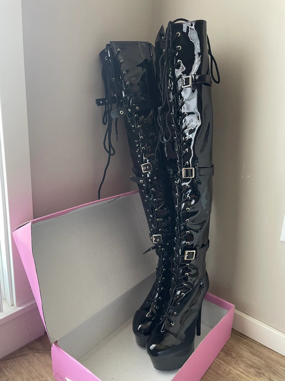 Black Patent Lace-Up Platform Thigh-High Boots - photo 3