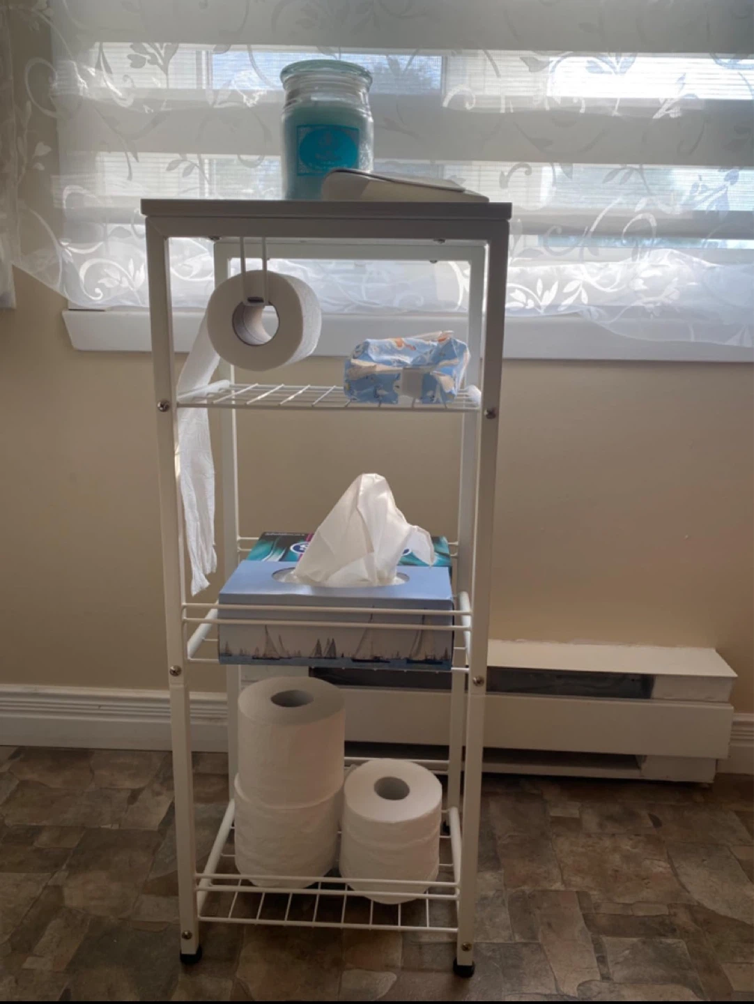 White Metal Toilet Organizer Shelf with Wood Top