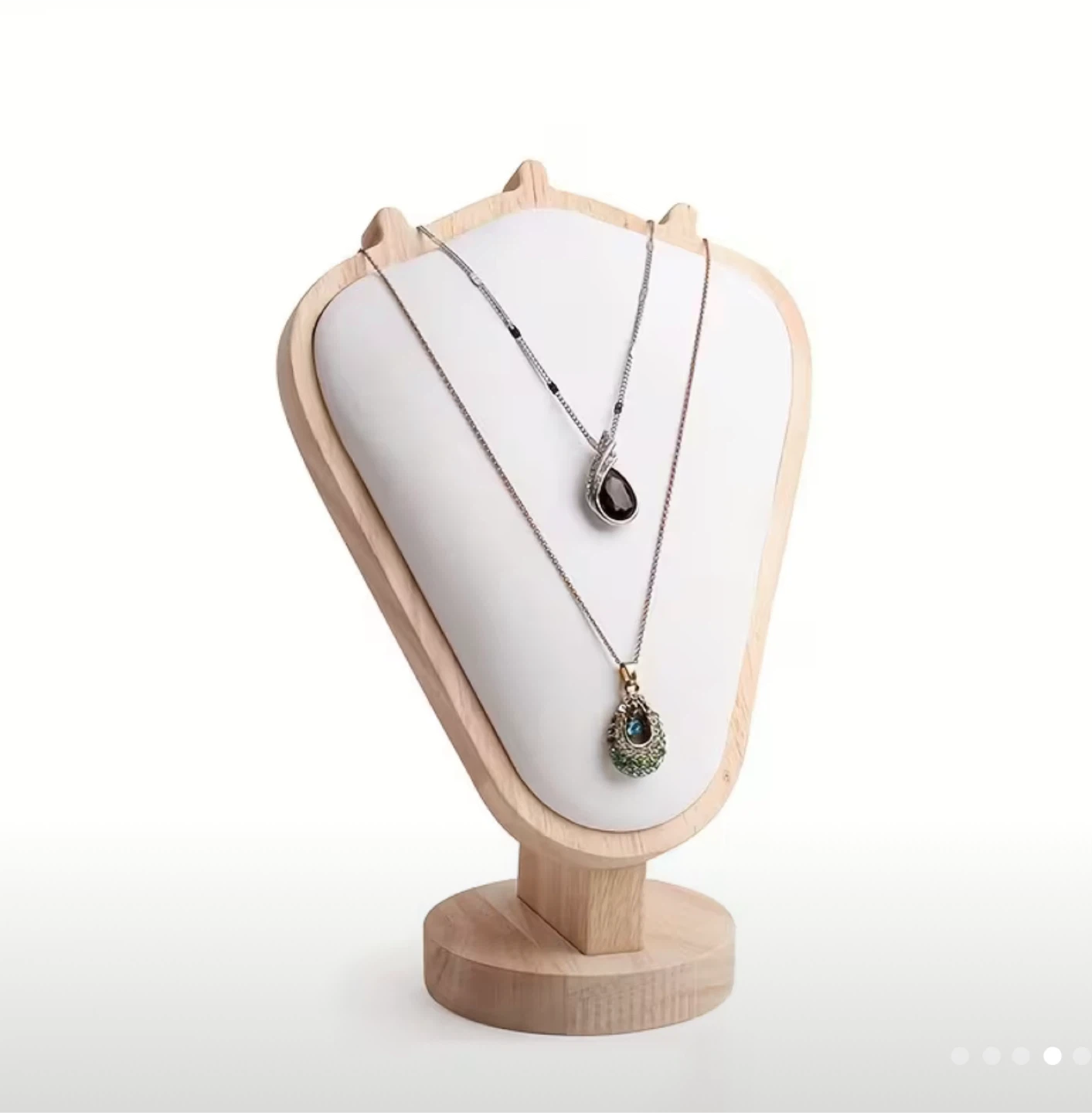 Wooden Necklace Display Stand - White Faux Leather