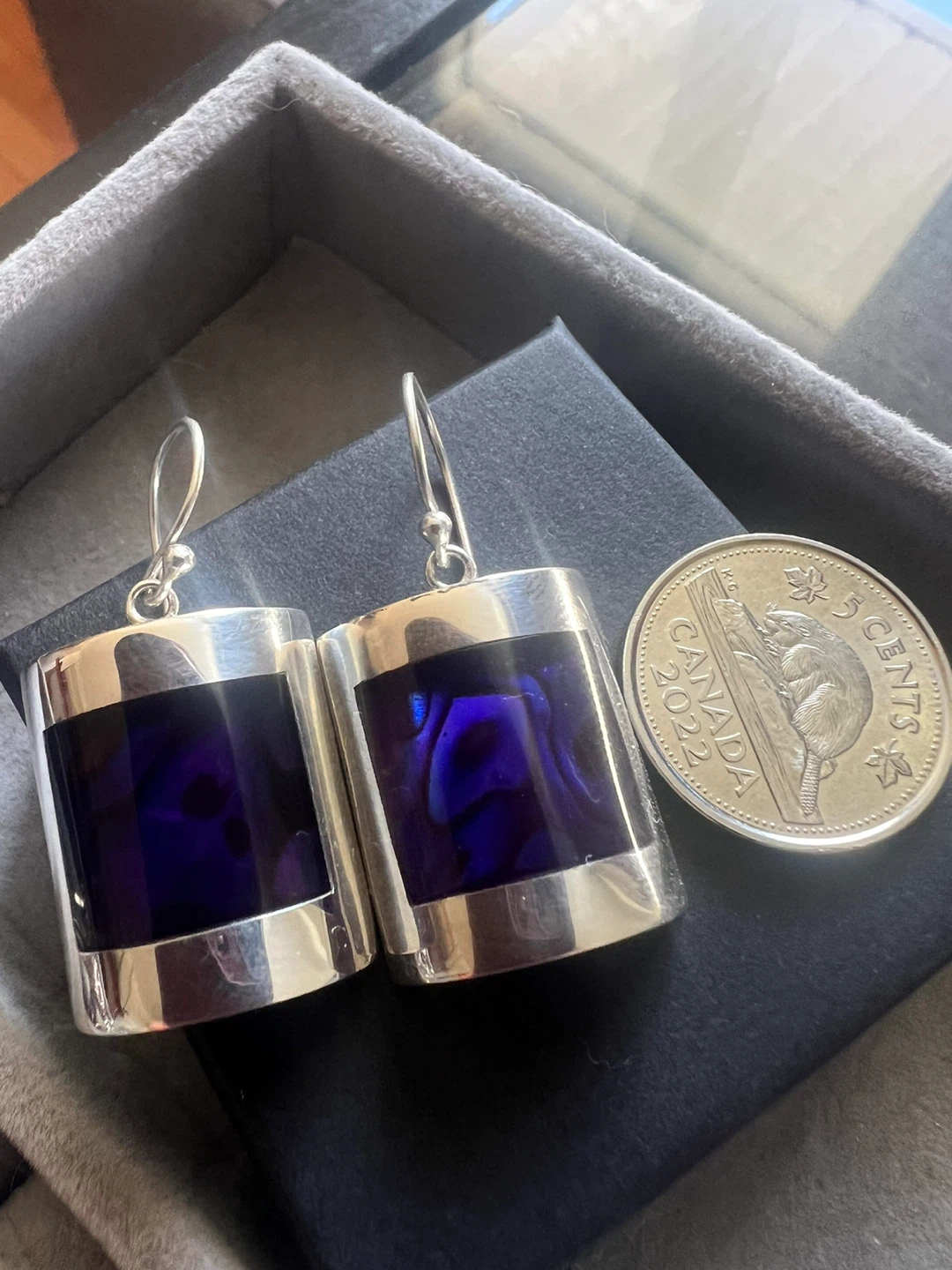 Sterling Silver 925 Earrings with Blue Inlay