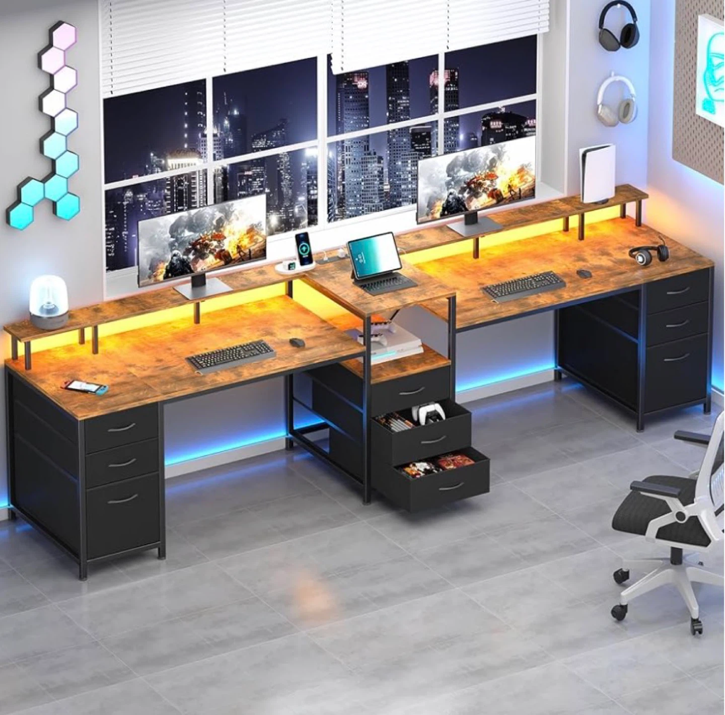 Double Computer Desk with Shelving and LED Lights
