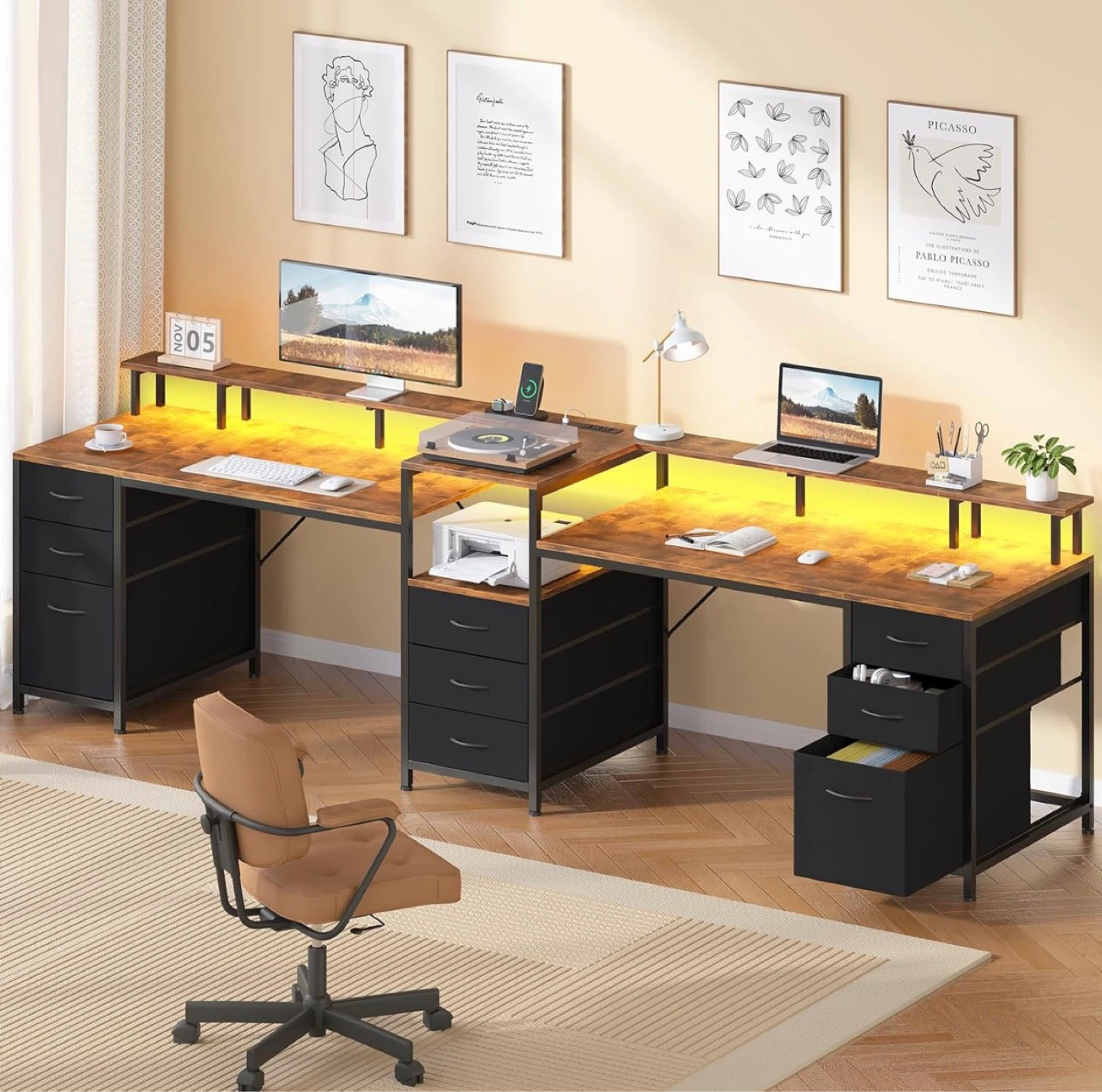 Double Computer Desk with Shelving and LED Lights - photo 5