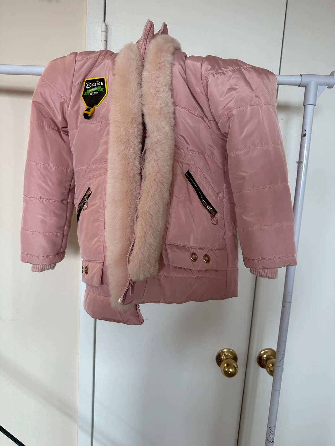 Pink Puffer Jacket with Faux Fur Trim
