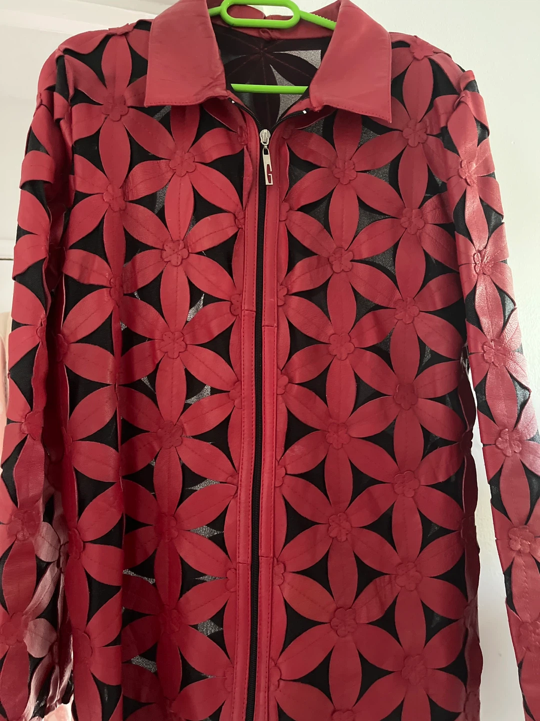 Red Leather Floral Cut-Out Jacket - photo 2