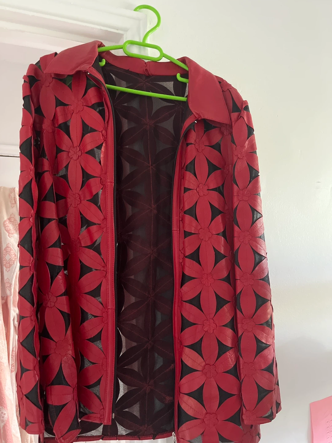 Red Leather Floral Cut-Out Jacket