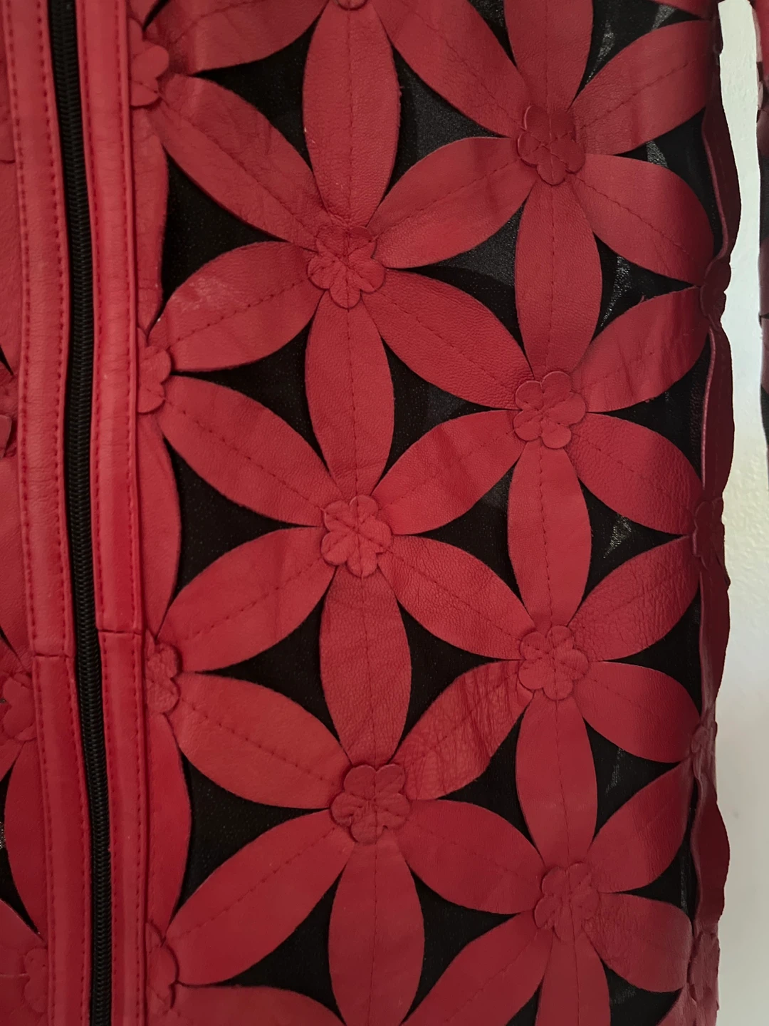 Red Leather Floral Cut-Out Jacket - photo 3