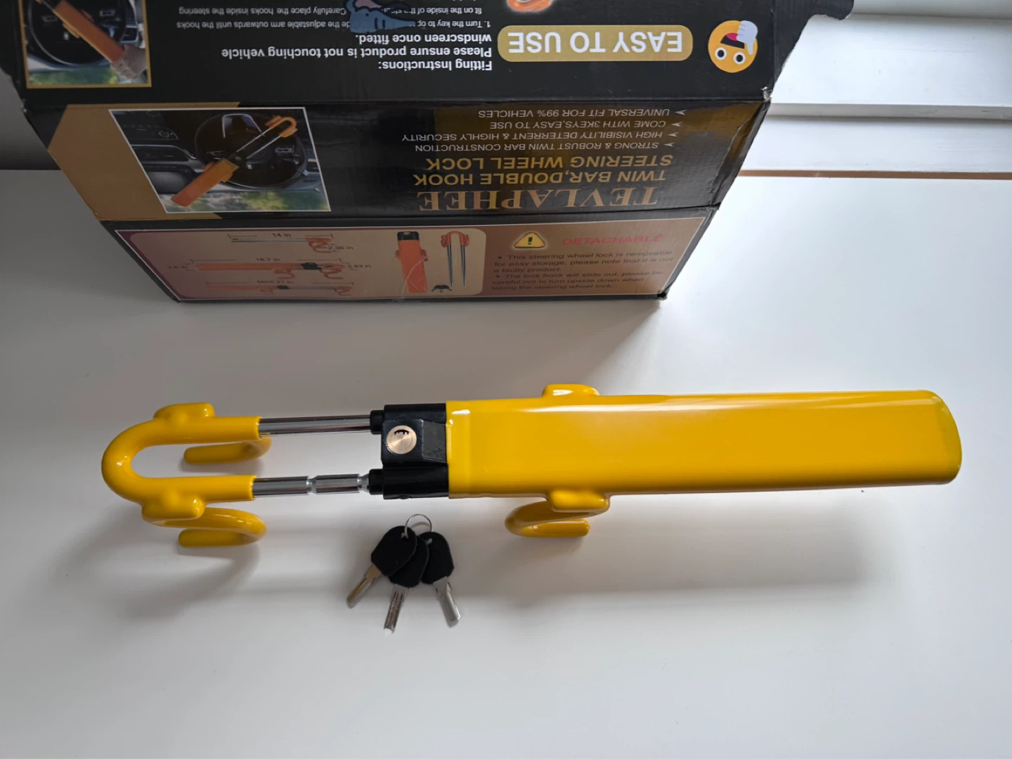 TEVLAPHEE Yellow Twin Bar Double Hook Steering Wheel Lock - photo 3