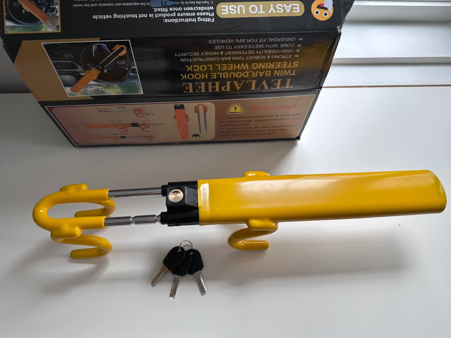 TEVLAPHEE Yellow Twin Bar Double Hook Steering Wheel Lock - photo 4