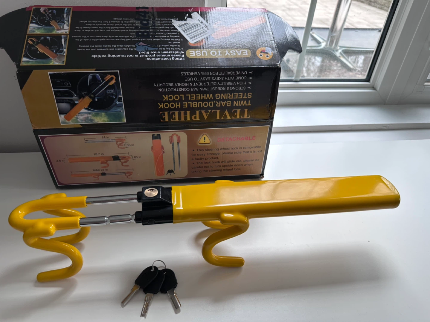 TEVLAPHEE Yellow Twin Bar Double Hook Steering Wheel Lock - photo 5