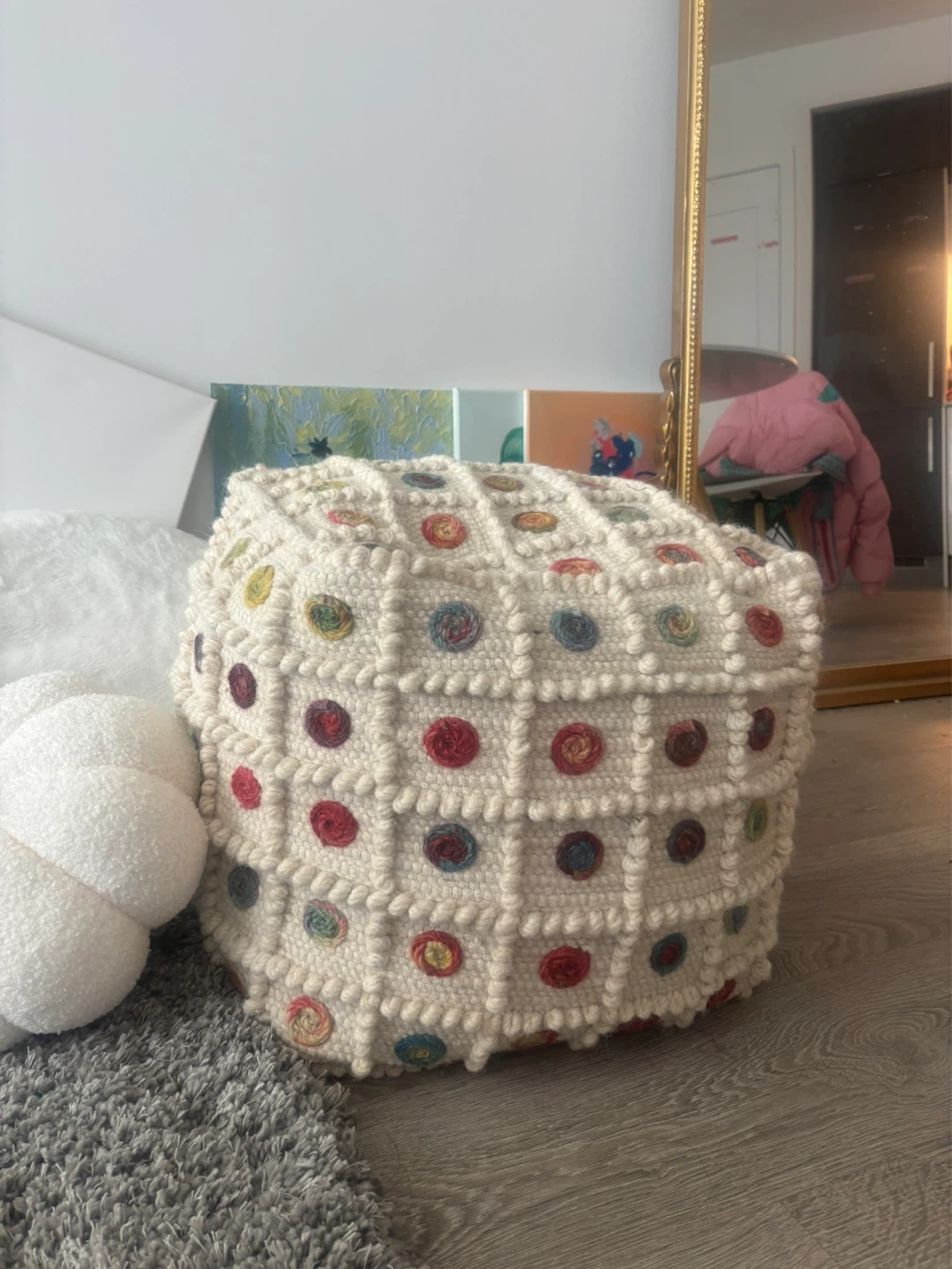 Cream Crochet Pouf with Multi-Coloured Dots