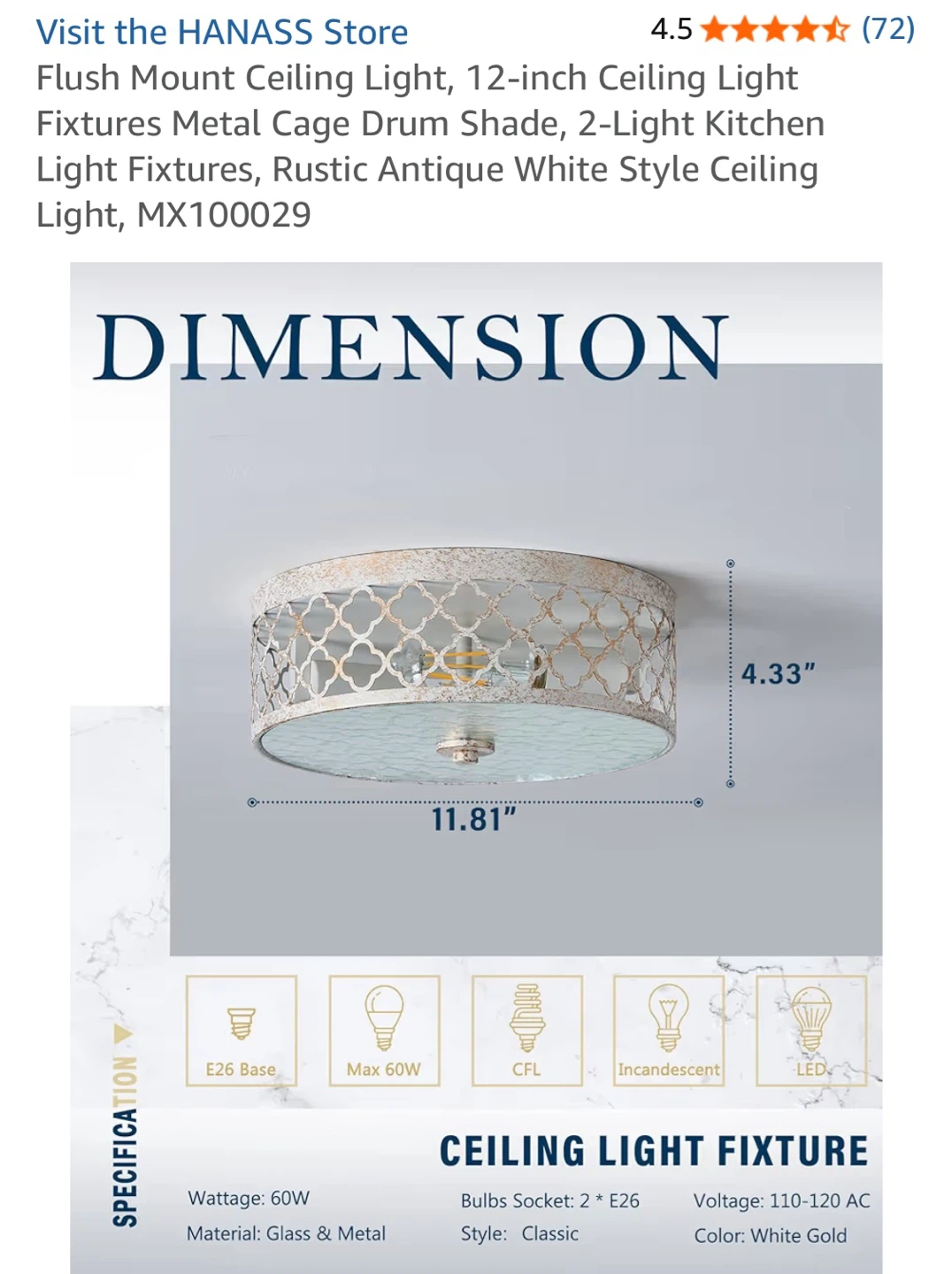 HANASS Flush Mount Ceiling Light - 12-inch, White Gold - photo 3