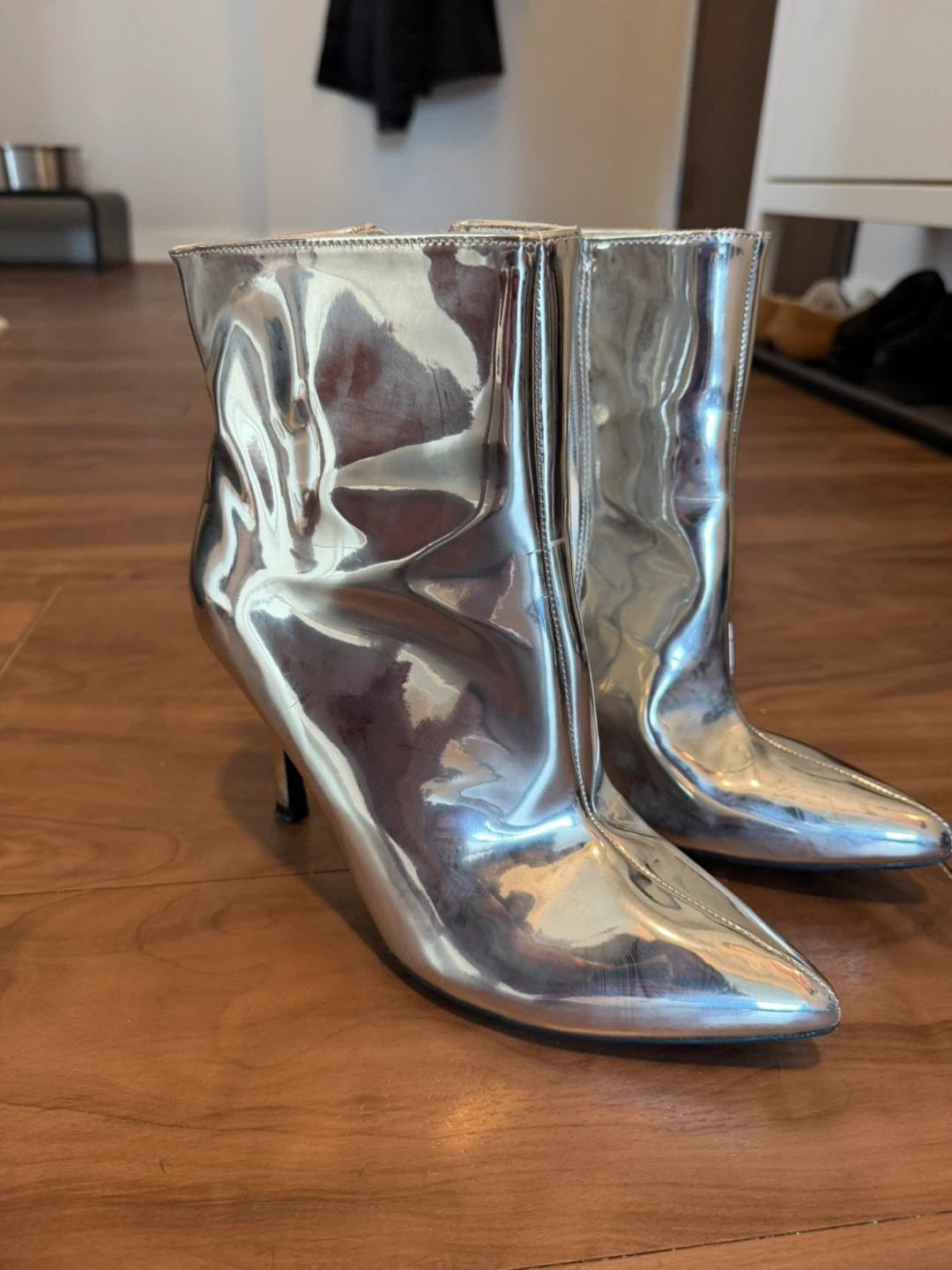 Silver Metallic Pointed Toe Heeled Ankle Boots