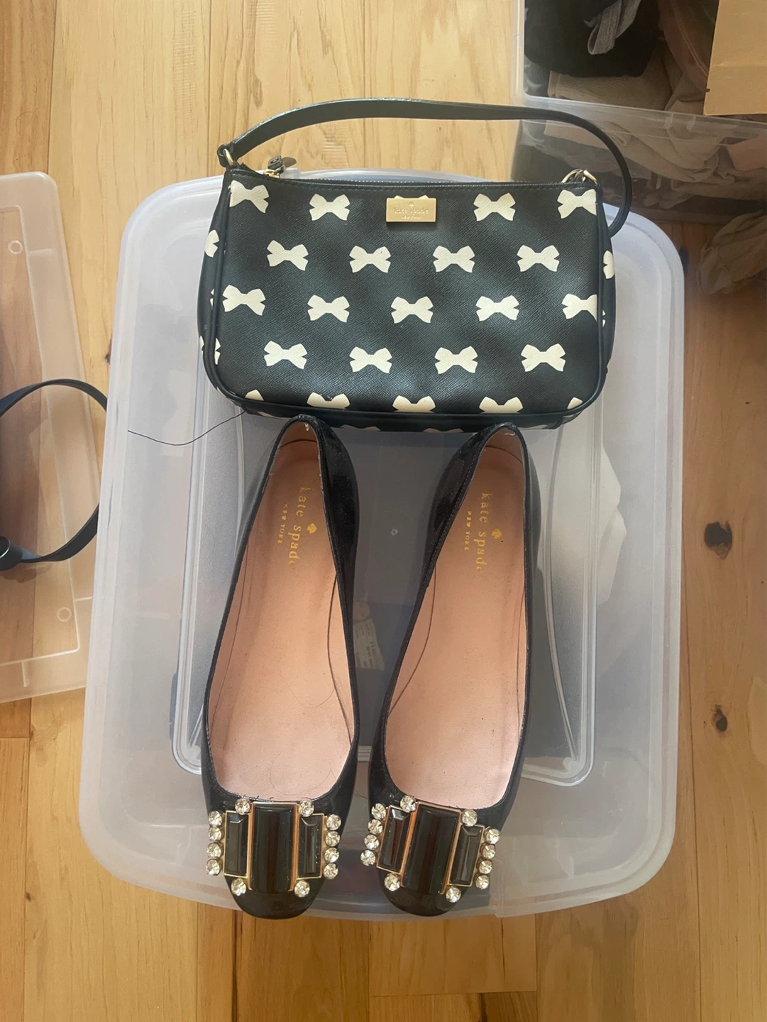 Kate Spade Black Bow Print Shoulder Bag & Embellished Flats Set
