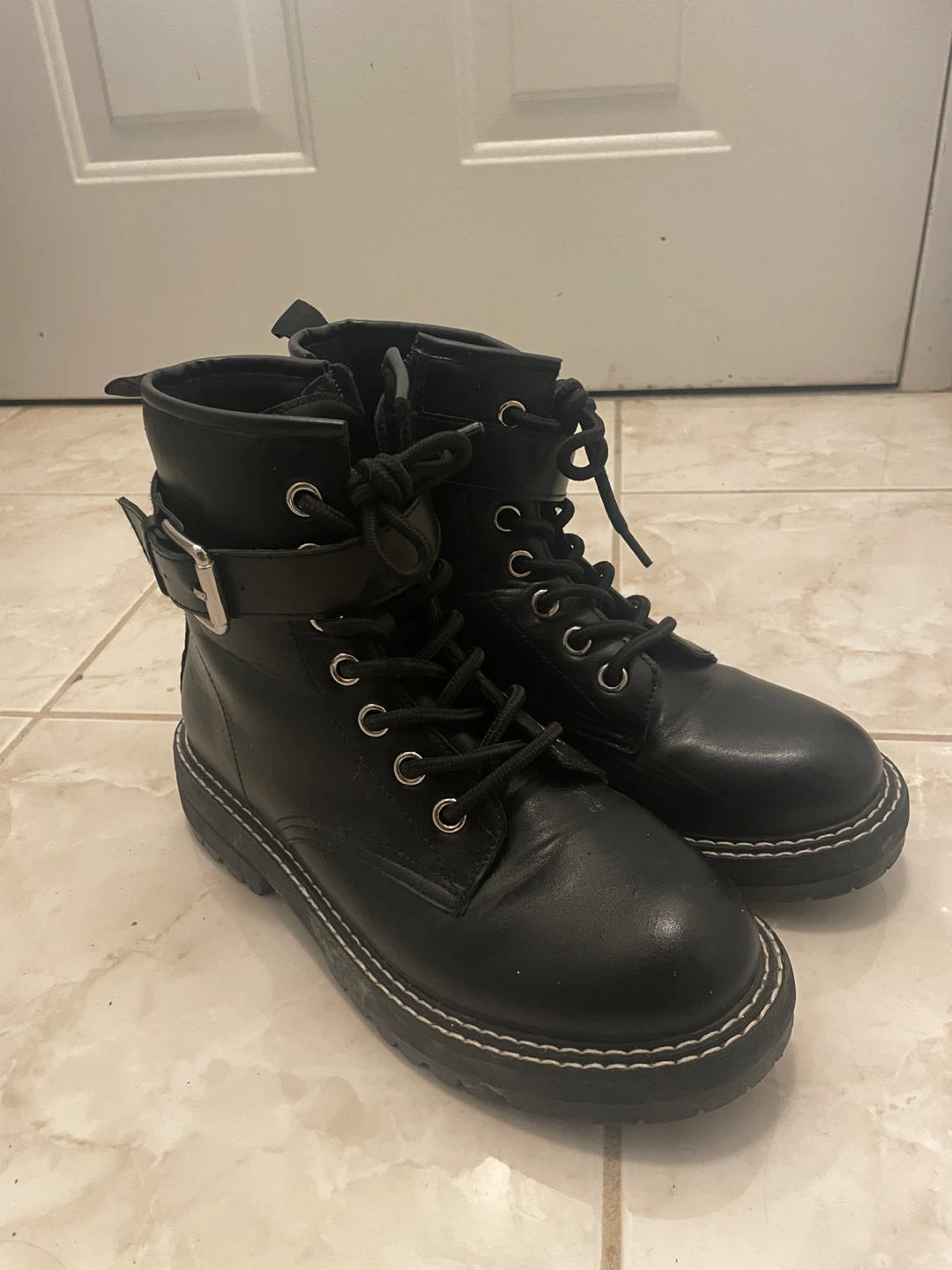 Size 8.5 DUNES Cannon Black Combat Boots with Buckle Detail
