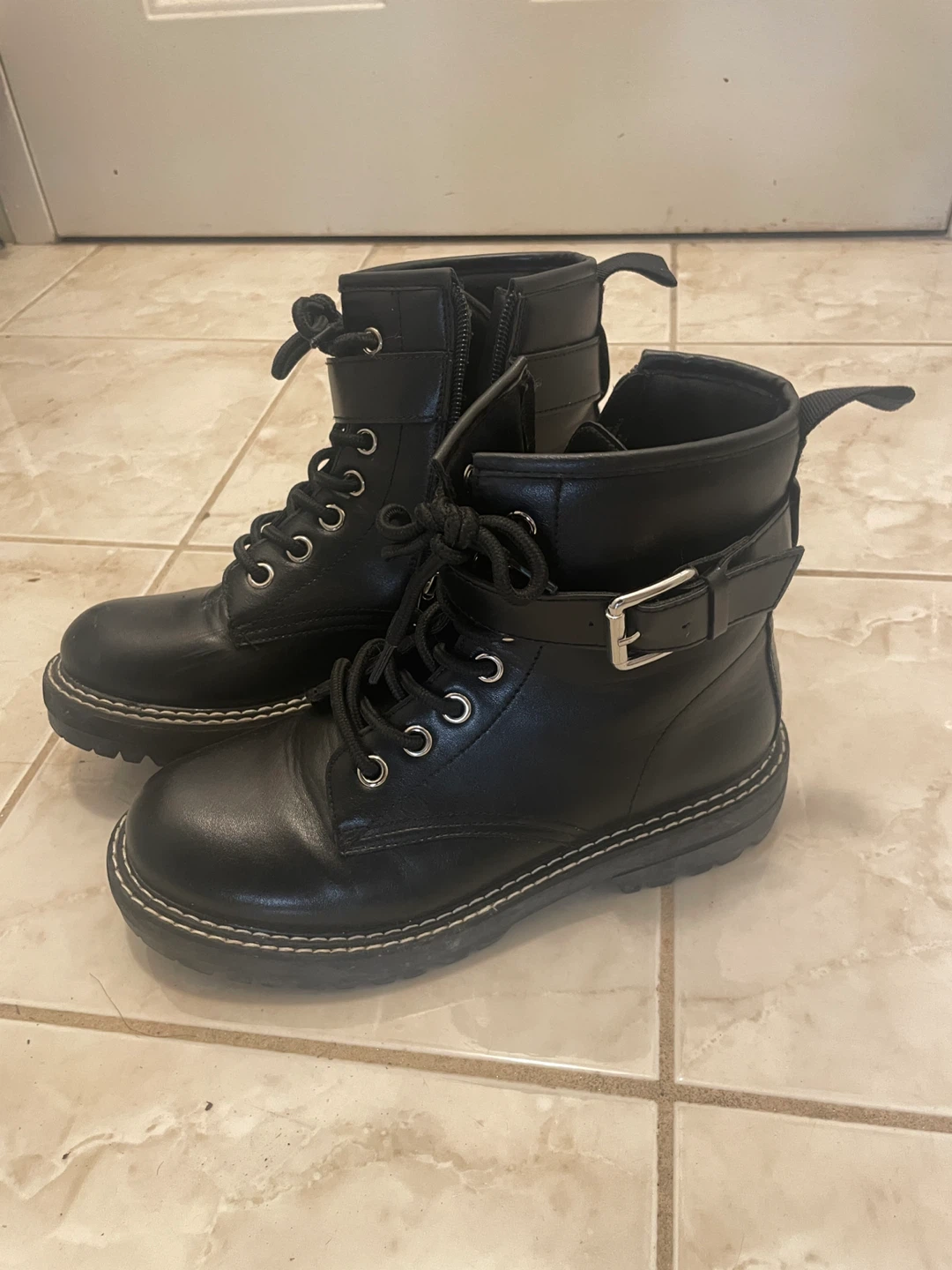 Size 8.5 DUNES Cannon Black Combat Boots with Buckle Detail - photo 3