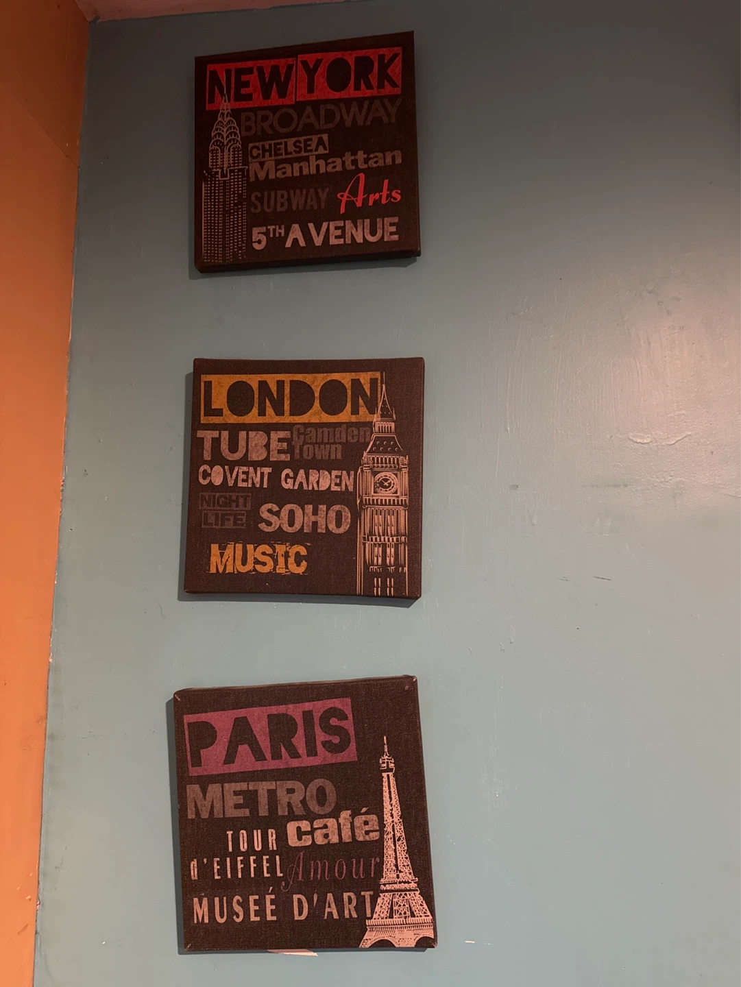 3 Wall Art Prints on Canvas (New York, London, Paris)
