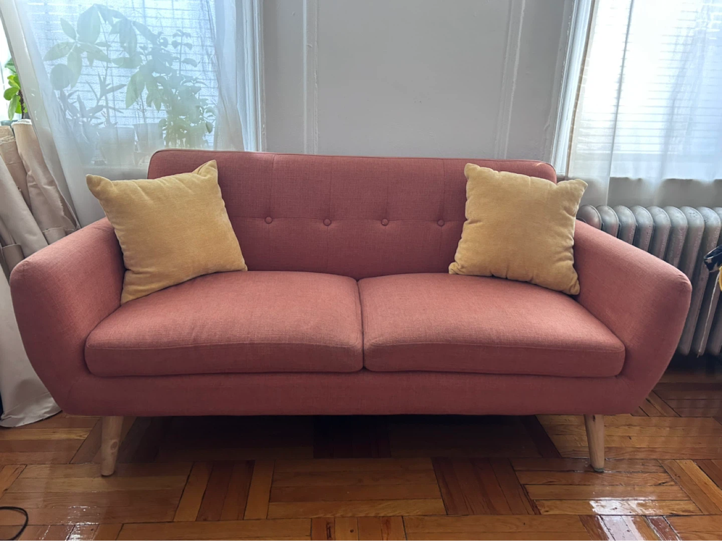 Salmon Pink Loveseat Sofa with Wood Legs