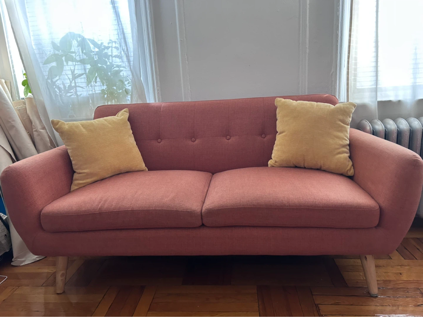 Salmon Pink Loveseat Sofa with Wood Legs - photo 2