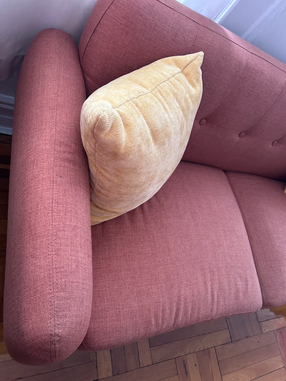 Salmon Pink Loveseat Sofa with Wood Legs - photo 4