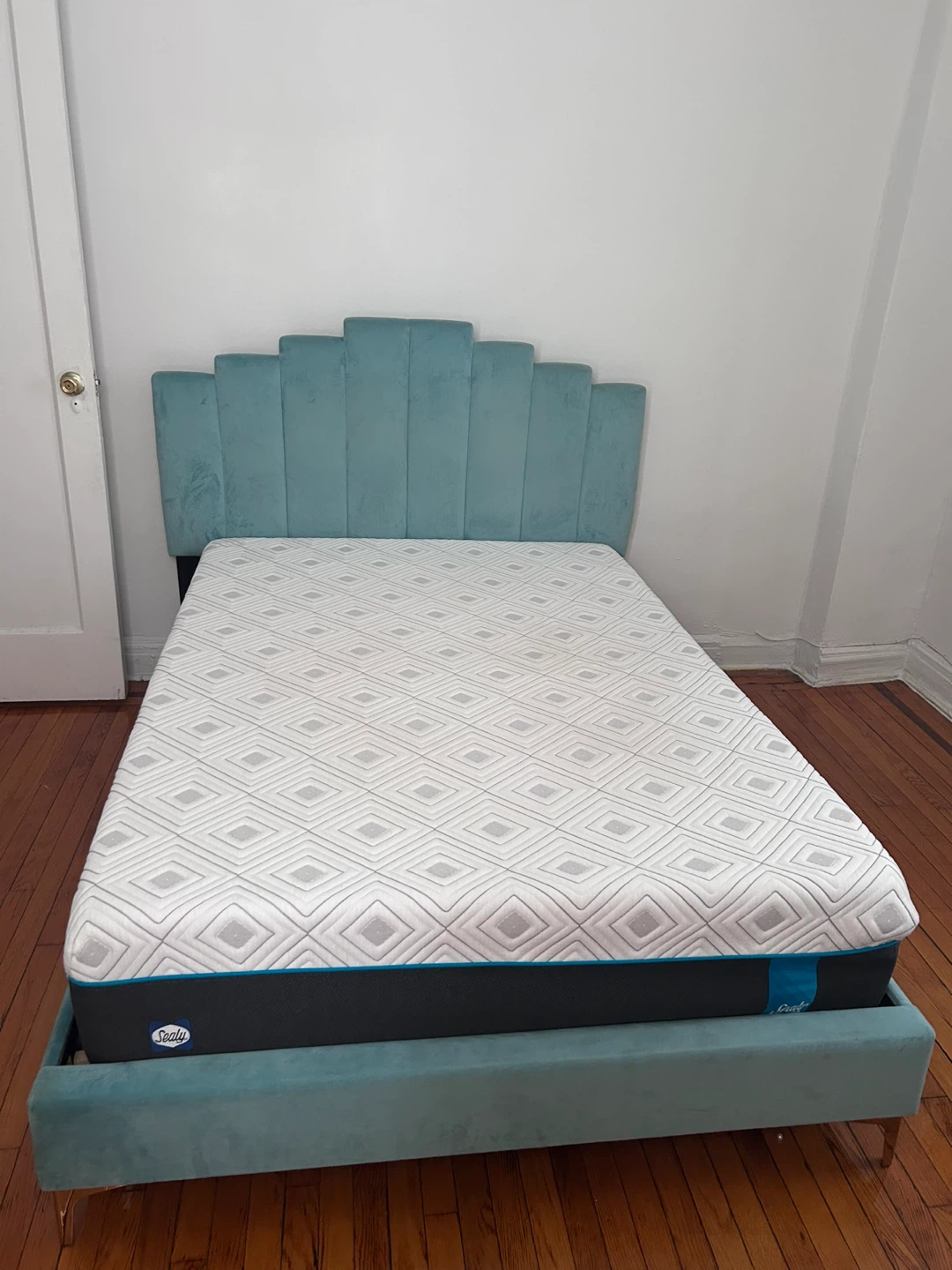 Teal upholstered Bed Frame and Sealy memory foam mattress!