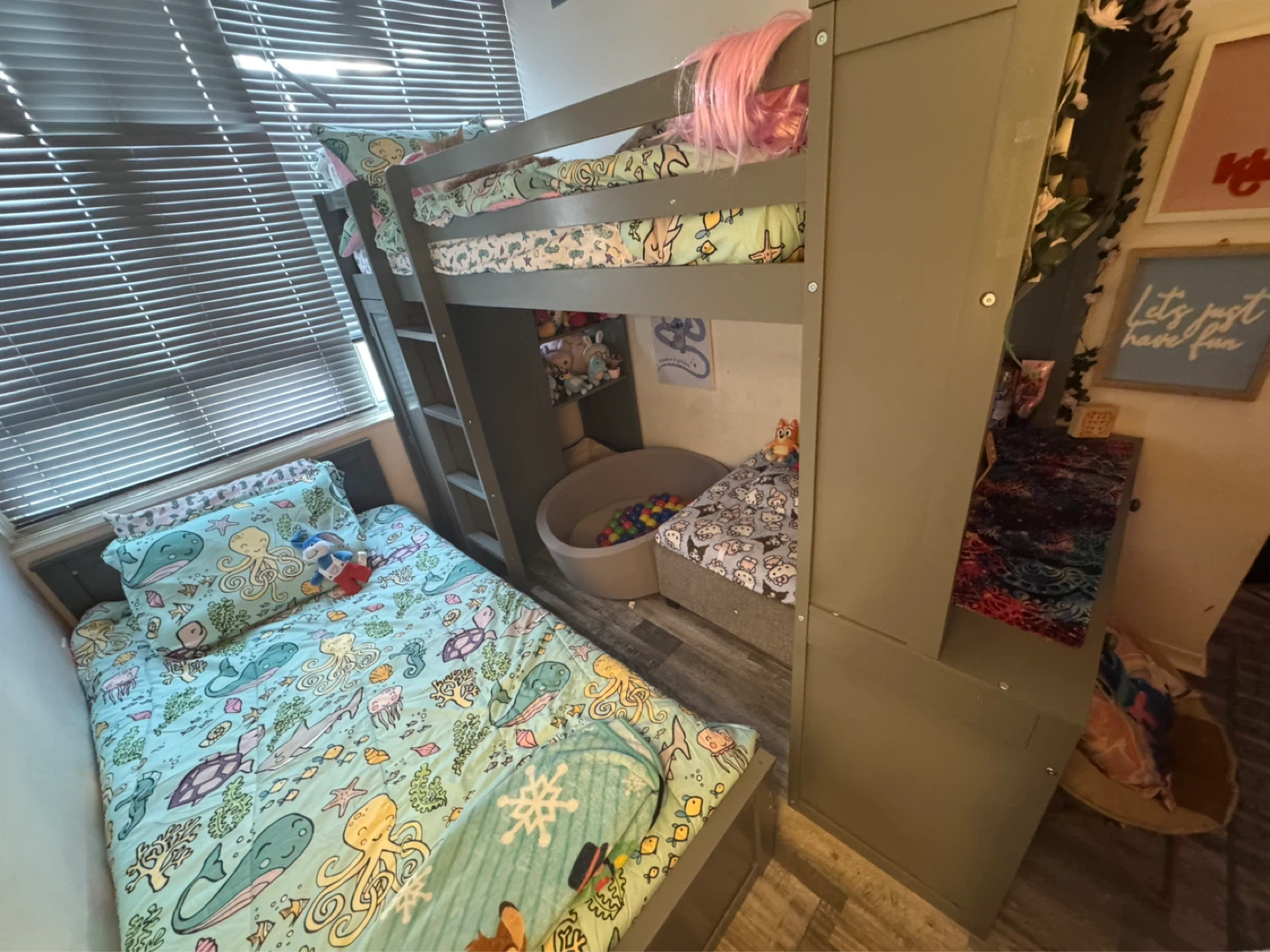 Grey Loft Bed with Desk and Twin Bed