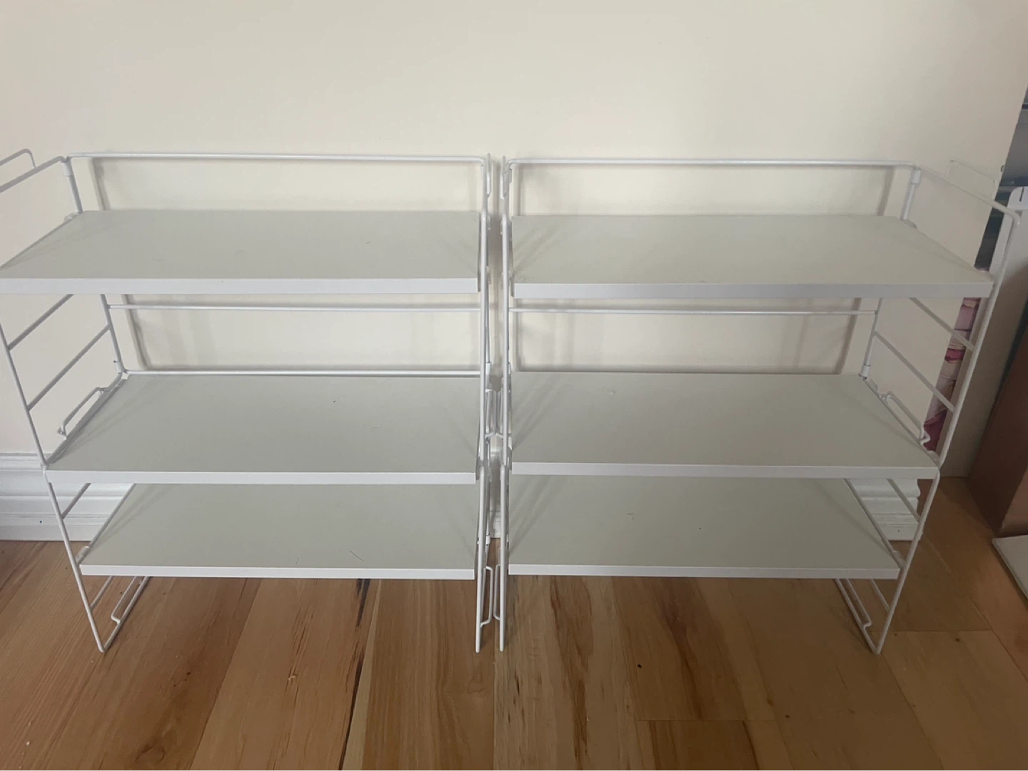 2 White 3-Tier Shelf Unit - stackable and removable