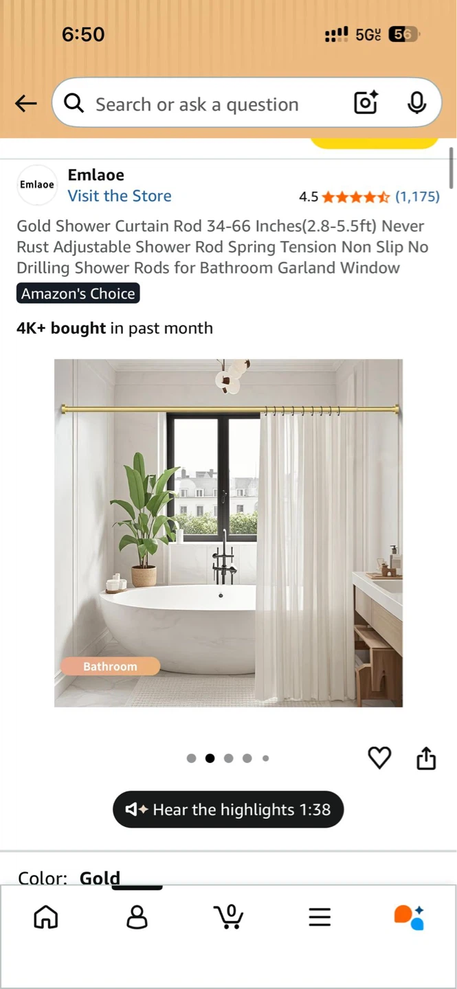 Gold Shower curtain rod-Brand New in Box (Unopened, Amazon Item)