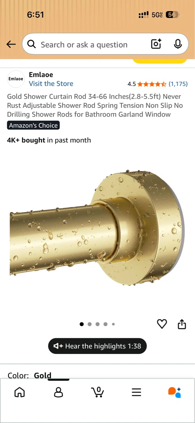 Gold Shower curtain rod-Brand New in Box (Unopened, Amazon Item) - photo 2