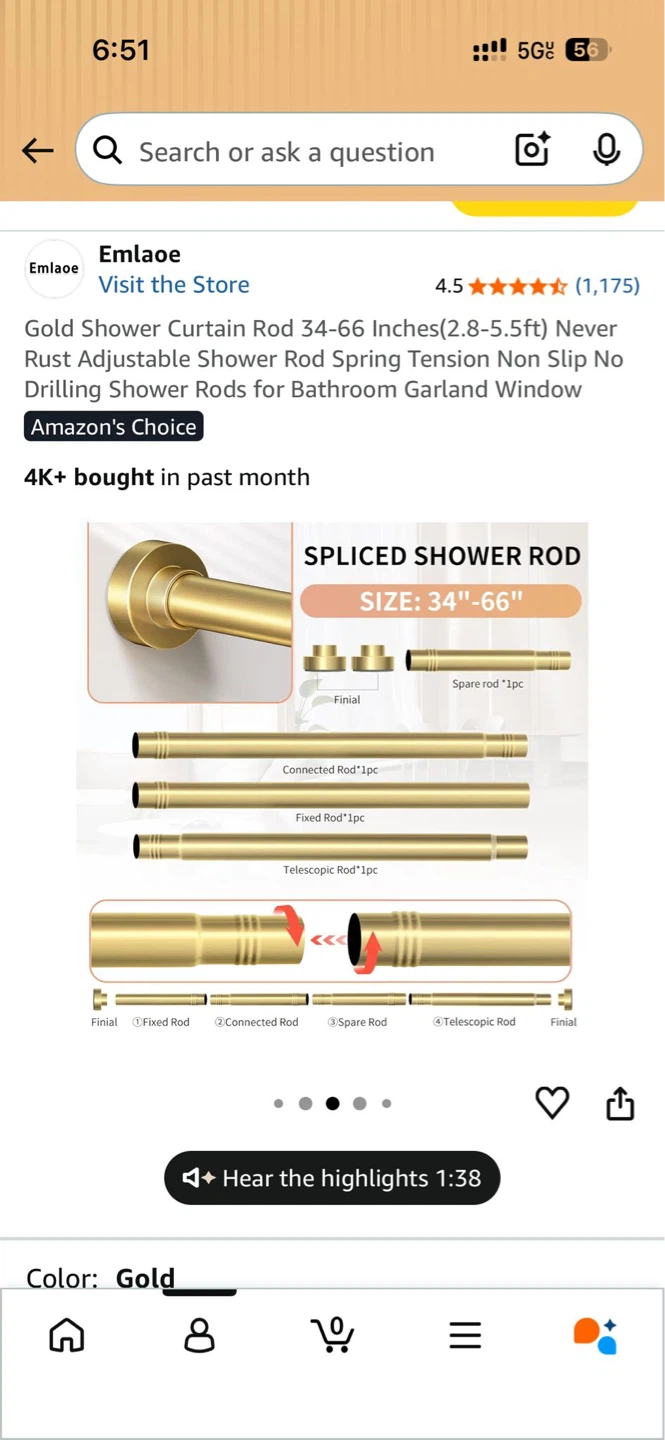 Gold Shower curtain rod-Brand New in Box (Unopened, Amazon Item) - photo 3