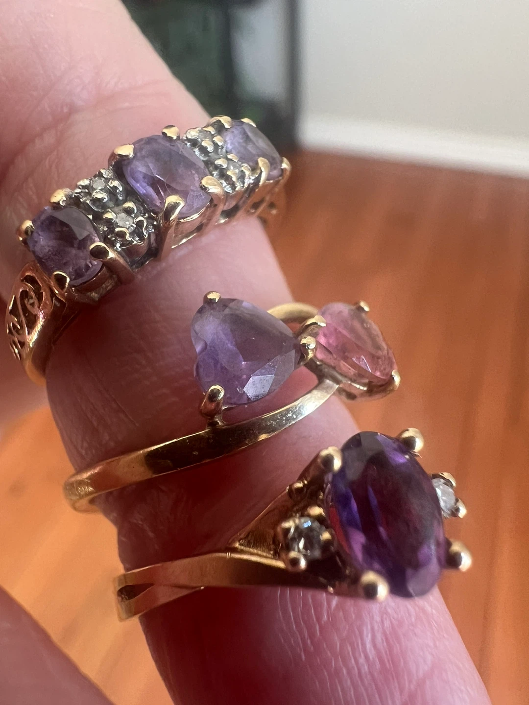 10 k Gold Rings with Amethyst and Diamonds
