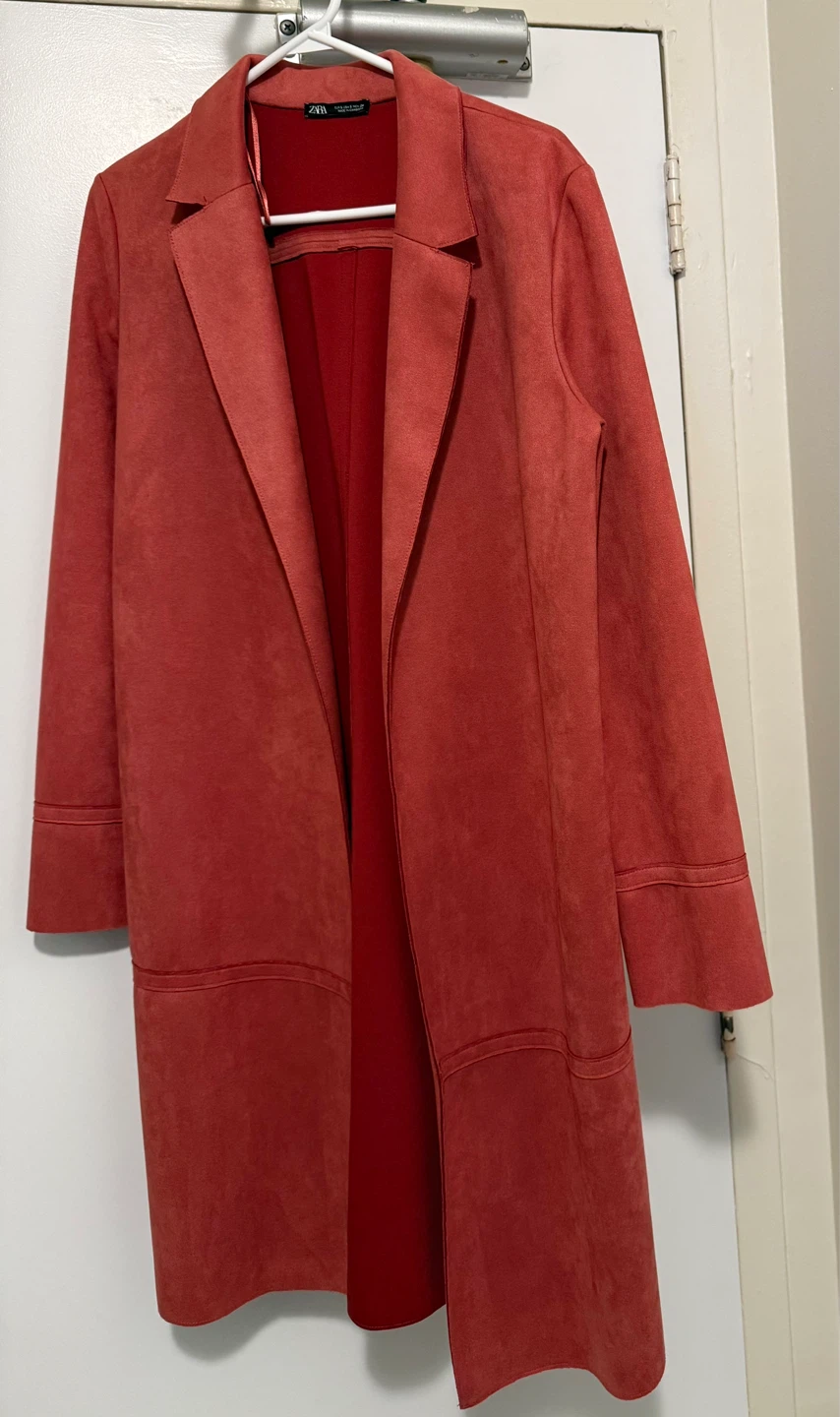 ZARA Long Open-Front Blazer - Coral Red